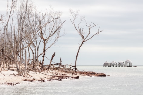Picture of the Florida coastline, tree and shorelines on the left, and on the right a cluster of dome houses that are now underwater.
