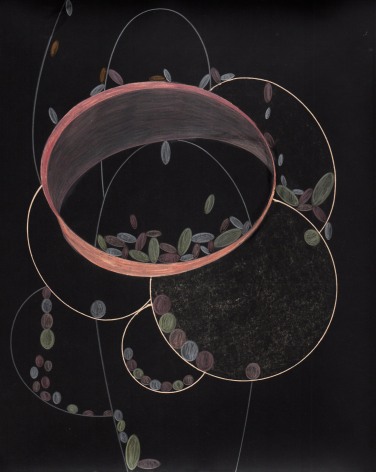 Abstraction showing circular forms drawn in colored pencil over a black background.