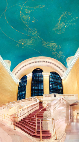 Vertical panoramic view of Grand Central Station, showing the constellations painted on the ceiling