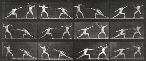 Sequence of black and white photos showing two men fencing.