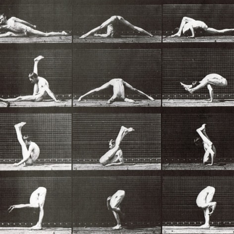 Sequence of black and white photos showing the movements of a man performing contortions in a loin cloth in front of a gridded background.
