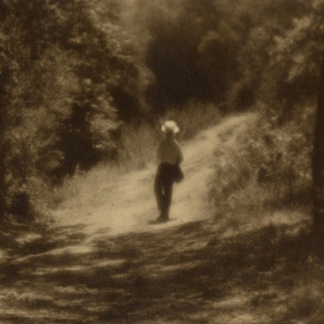 Warm toned black and white photo of a man in broad brimmed hat walking away on a sun dappled wooded path.
