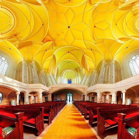 Fish eye type photo of a yellow vaulted church ceiling.