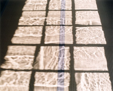 Color photo of squares of sunlight cast on a floor.