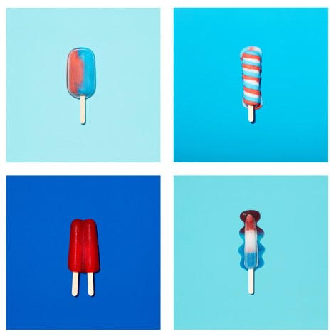Grid of four images of melting red white and blue popsicles—all on solid blue backgrounds.