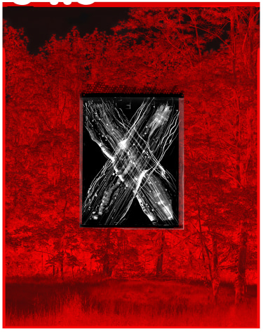 Collage image showing a red toned photo of a field with trees, juxtaposed with black and white abstract gestural marks in the center.