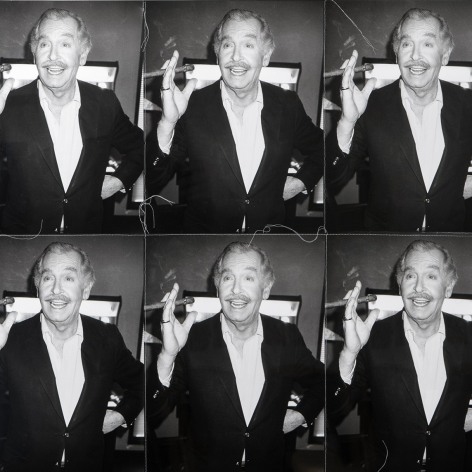 Six identical black and white photos of TV personality Milton Berle, holding a cigar—the photos are stitched together into a grid, with thread.