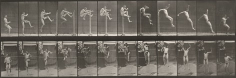 Sequential black and white photos of a man jumping; running; straight high jump (shoes)
