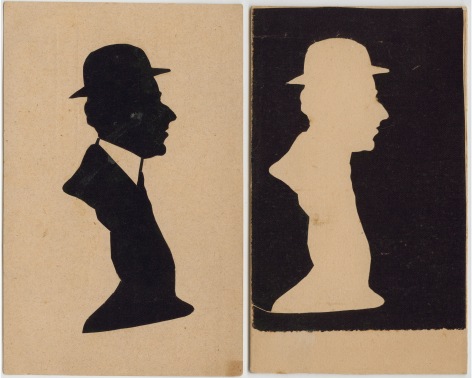 A positive and negative cut paper silhouette of a man in a hat.