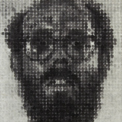 Self portrait of the artist, rendered in a grid of circular marks