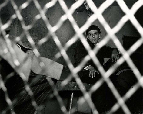 Black and white image of an arrested man, staring through bars of the police paddy wagon.