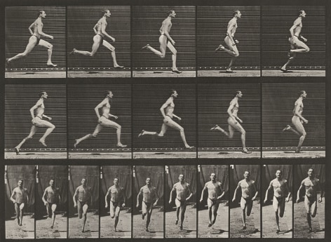 Sequential black and white photos of a man, wearing only shoes and a jock strap, running