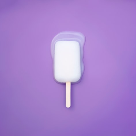 Color photo of a green popsicle melting on a purple background.