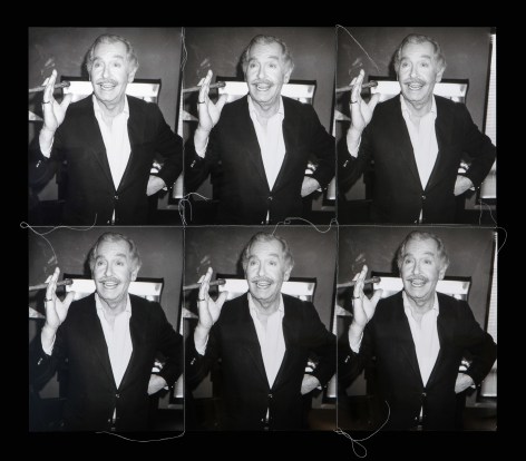 Six identical black and white photos of TV personality Milton Berle, holding a cigar&mdash;the photos are stitched together into a grid, with thread.