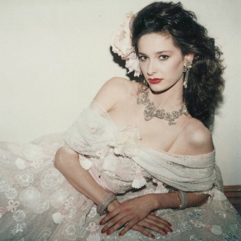 Polaroid photo of dark haired model reclining in an ornate cocktail dress with a flower in her hair.