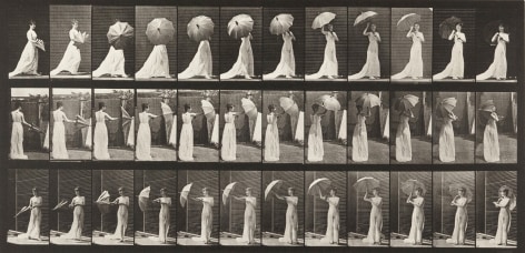 Sequence of black and white photos showing the movements of an 19th century woman as she opens an umbrella