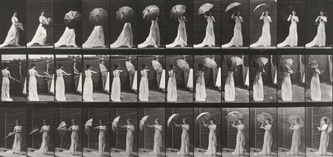 Sequence of black and white photos showing movements of woman in a sheet dress opening a parasol.