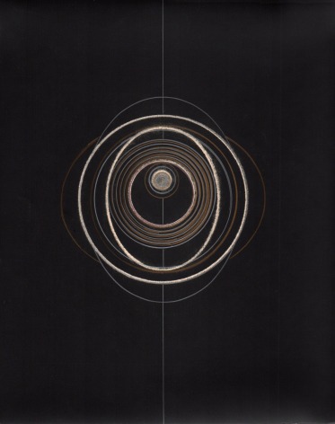 Anstraciton showing concentric circular forms drawn in colored p3encil on the center of a black background.
