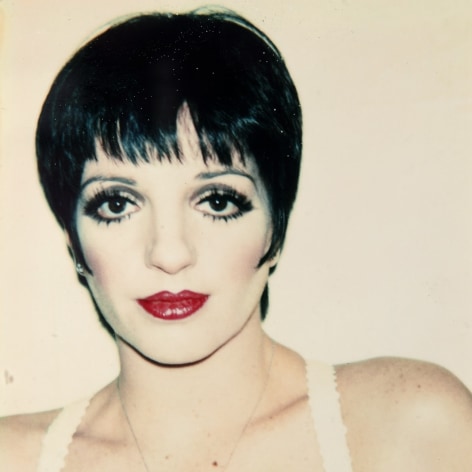 Polaroid photo portrait of a young Liza Minnelli, wearing dramatic lipstick and eyeliner.