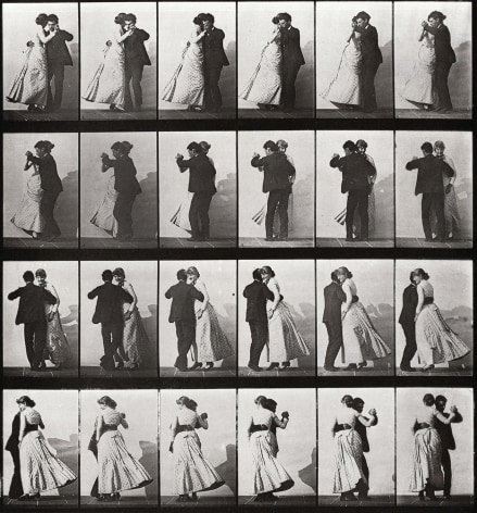 Sequence of black and white photos showing the movements of a man and a woman waltzing.