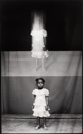 Two frames from a black and white photo portrait of a young Black girl in a white dress, the top frame is blurred.