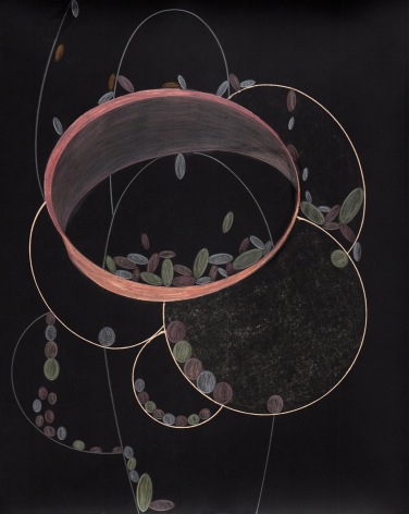 Abstraction created with circular forms drawn in colored pencil on black background.