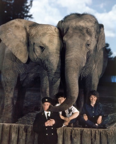 Neal Slavin Elephant Keepers with Katie &amp; Kumara, Whipsnade Park Zoo, Dunstable, Bedfordshire, UK, 1984