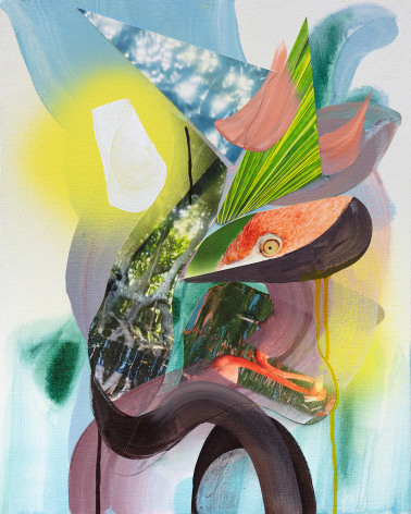 Abstract painting with collaged photograph of a flamingo's eye