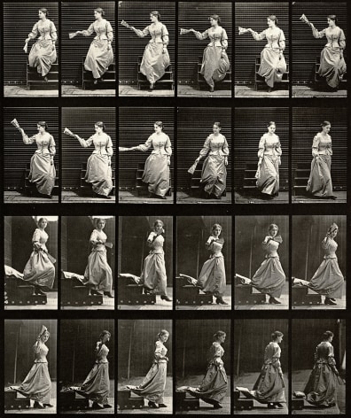 Sequential black and white photos of a woman descending stairs, looking around and waving fan