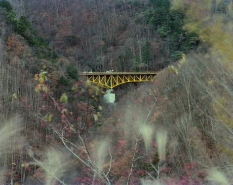 Color photograph of a yellow bridge, set into a hillside, seen through tree branches in Autumn.