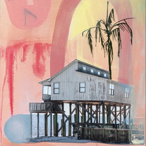 Collaged color photograph of a coastal house on stilts, with a palm tree and pink painted background.