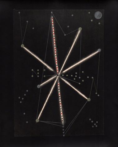 Starburst abstraction with colored pencil drawing over black background.