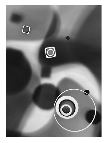 Black and white abstract photo print showing abstract composition made of brighter concentric circles and darker lines.