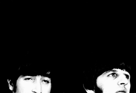 Black and white image from a Beatles press conference in 1966. Close-up of John Lennon. Croped closeup of John Lennon and Ringo Starr.