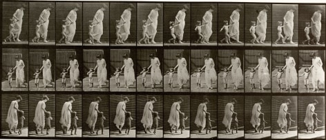 Sequential black and white photos showing a woman running, leading child hand in hand