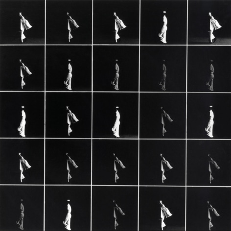 Grid of black and white photographs, each showing a Navy sailor in white standing in stark contrast to a deep black background.