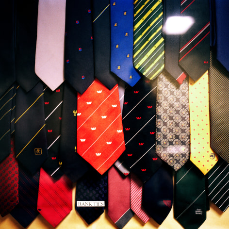 Close up color photo of a collection of neckties