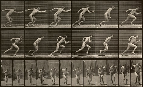 Sequential black and photos showing the motions of a man starting for a run, wearing only shoes and sick strap
