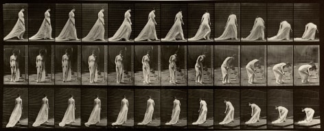 Sequence of black and white photos showing 19th century woman stooping down to pick up the train on her long dress