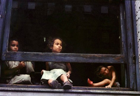 Helen Levitt NYC 1959 three kids looking out open window with curiosity.
