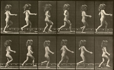 Sequence of black and white photos showing the movements of a running child