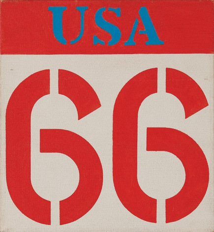 Robert Indiana, Route 66, 1962. Oil on canvas, 12-1&frasl;4 x 11-1&frasl;2 inches., Weatherspoon Art Museum, The University of North Carolina at Greensboro,&nbsp;Museum purchase with funds from the Benefactors Fund, 1987. &copy; 2015 Morgan Art Foundation. Artist Rights Society (ARS), NY.