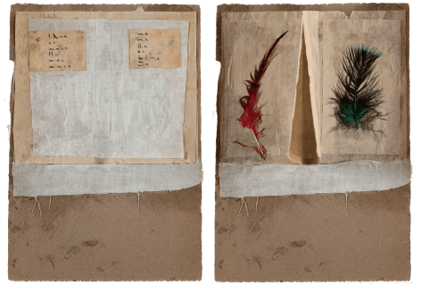 Robert Rauschenberg,&nbsp;Untitled [pictographs and feathers], c. 1952.