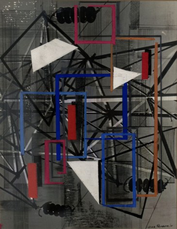 Composition of a black and white background of thin, metal structures forming triangular shapes with blue, orange, pink, and red rectangles and white triangles painted over them.
