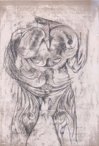 Surrealist drawing of a human form, made from graphite and gouache transferred to printed paper. The figure is stands, shown from its chin down to its knees, its inner anatomy displayed as if flayed. It features shapes that mimic muscle tissue, internal organs, and an eye in the (viewer's) left thigh, while its head resembles that of a bird.