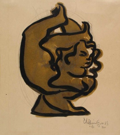 Drawing on beige paper of a woman in a deep backbend, legs bent upward and touching the top of her head and she looks forward. Her skintone and hair are all a warn tan color and the lines of her body are drawn with a thick black line. The work is signed lower right in pencil.