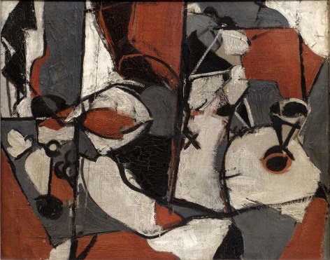 Abstract cubist painting viewed from up close, featuring black lines of varying lengths transversing the work. The black lines create shapes of differing sizes and angles, each filled with either black, grey, off-white, or red paint.