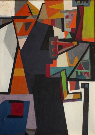 Painting of geometric shapes separated by black lines in a variety of oranges, greens, blues, greys, and whites. On the top left there is a shape resembling the side profile of a human face with a triangular hand painted in red, a large box body, and an L shaped leg pointing to the right.