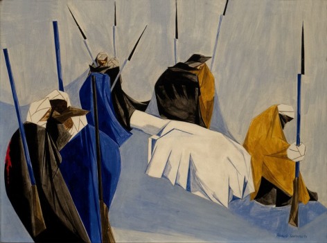 Posterboard painting of soldiers bandaged and cloaked in colorful fabric holding rifles with bayonet attachments surrounding a cloaked canon, amidst a winter scene filled with snow.