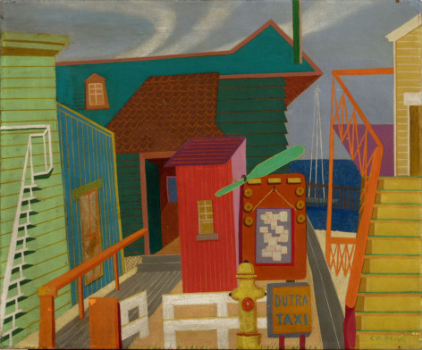 A painting of geometric buildings in bright colors. In the background a portion of a body of water is showing. At the front of a composition there is an orange bulletin board with white slips of paper tacked to a muted blue portion in the center of it. In front of the bulletin board there is a yellow fire hydrant with a small light orange and blue sign next to it that reads &quot;Dutra Taxi&quot;.